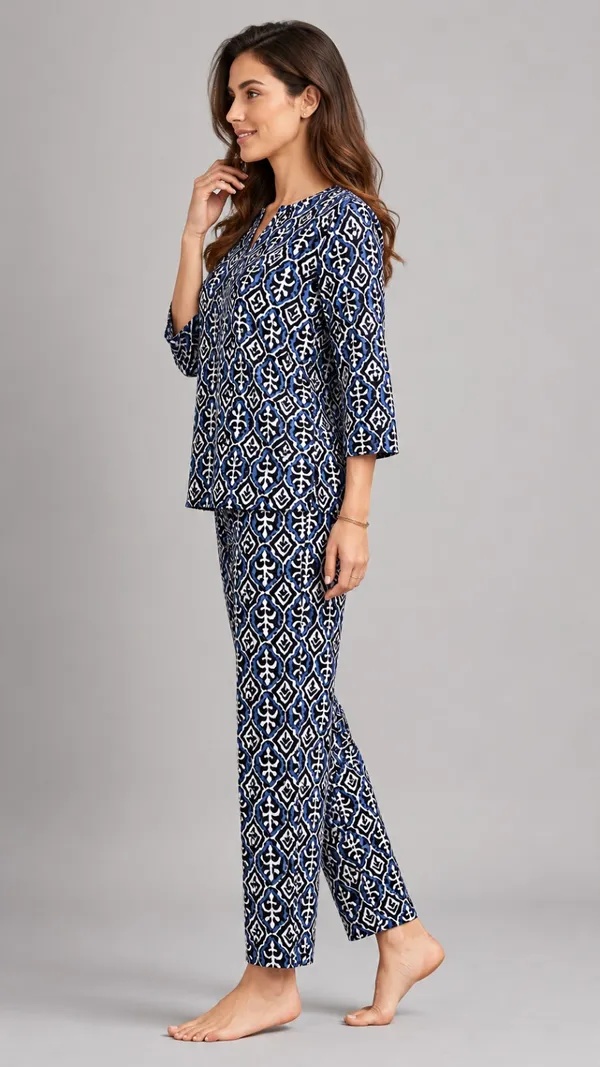 Evolove_Women's_Cotton_Printed_Co-Ord_Set_|_3/4_Sleeve_Top_&_Pyjama_Set_|_Soft_&_Breathable_Lounge_Wear_|_Ethnic_Ikat_Block_Print_Night_Suit_|_Navy_Blue_&_White