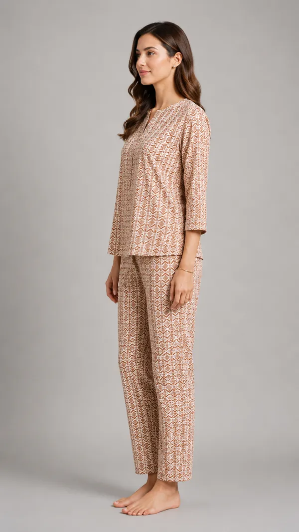 Evolove_Women's_Cotton_Printed_Co-Ord_Set_|_3/4_Sleeve_Top_&_Pyjama_Set_|_Soft_&_Breathable_Lounge_Wear_|_Geometric_Block_Print_Night_Suit_|_Rust_&_White