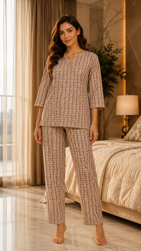 Evolove_Women's_Cotton_Printed_Co-Ord_Set_|_3/4_Sleeve_Top_&_Pyjama_Set_|_Soft_&_Breathable_Lounge_Wear_|_Geometric_Block_Print_Night_Suit_|_Rust_&_White
