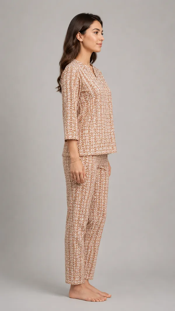 Evolove_Women's_Cotton_Printed_Co-Ord_Set_|_3/4_Sleeve_Top_&_Pyjama_Set_|_Soft_&_Breathable_Lounge_Wear_|_Geometric_Block_Print_Night_Suit_|_Rust_&_White