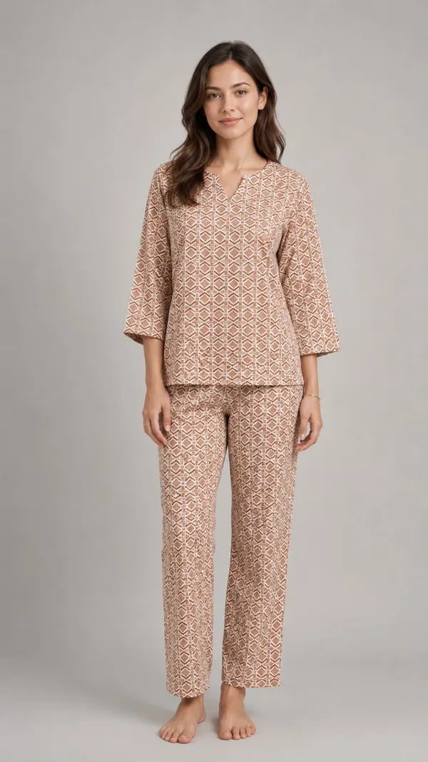 Evolove_Women's_Cotton_Printed_Co-Ord_Set_|_3/4_Sleeve_Top_&_Pyjama_Set_|_Soft_&_Breathable_Lounge_Wear_|_Geometric_Block_Print_Night_Suit_|_Rust_&_White