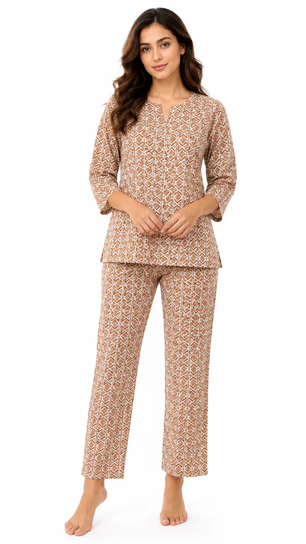 Evolove_Women's_Cotton_Printed_Co-Ord_Set_|_3/4_Sleeve_Top_&_Pyjama_Set_|_Soft_&_Breathable_Lounge_Wear_|_Geometric_Block_Print_Night_Suit_|_Rust_&_White