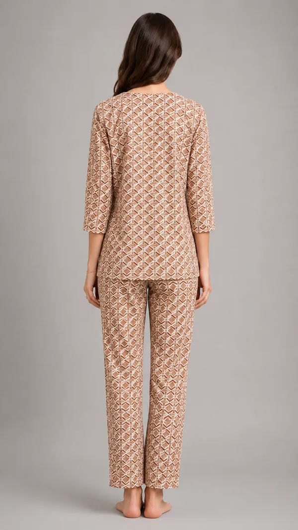 Evolove_Women's_Cotton_Printed_Co-Ord_Set_|_3/4_Sleeve_Top_&_Pyjama_Set_|_Soft_&_Breathable_Lounge_Wear_|_Geometric_Block_Print_Night_Suit_|_Rust_&_White