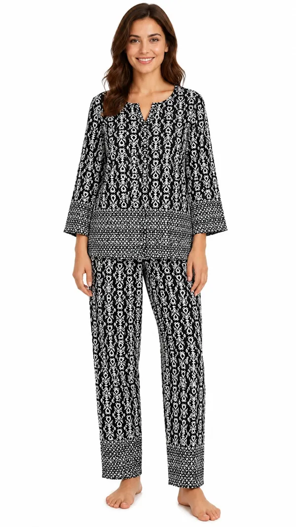 Evolove_Women's_Rayon_Printed_Co-Ord_Set_|_3/4_Sleeve_Top_&_Pyjama_Set_|_Soft_&_Breathable_Lounge_Wear_|_Ethnic_Ikat_Print_Night_Suit_|_Black_&_White_with_Pockets