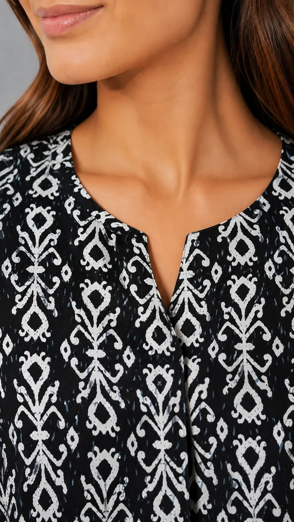 Evolove_Women's_Rayon_Printed_Co-Ord_Set_|_3/4_Sleeve_Top_&_Pyjama_Set_|_Soft_&_Breathable_Lounge_Wear_|_Ethnic_Ikat_Print_Night_Suit_|_Black_&_White_with_Pockets