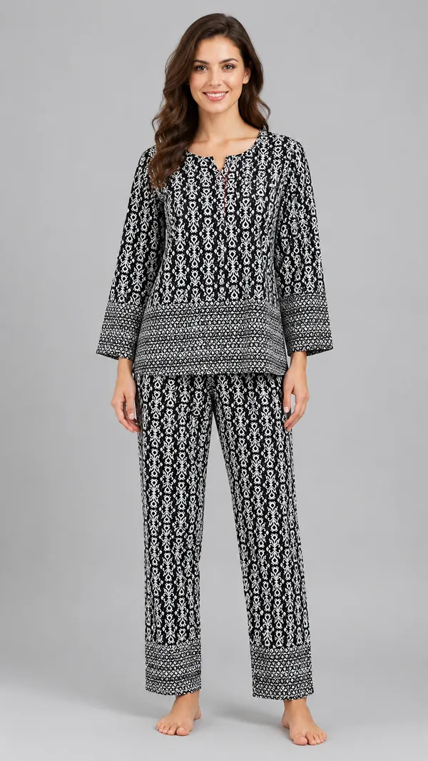 Evolove_Women's_Rayon_Printed_Co-Ord_Set_|_3/4_Sleeve_Top_&_Pyjama_Set_|_Soft_&_Breathable_Lounge_Wear_|_Ethnic_Ikat_Print_Night_Suit_|_Black_&_White_with_Pockets