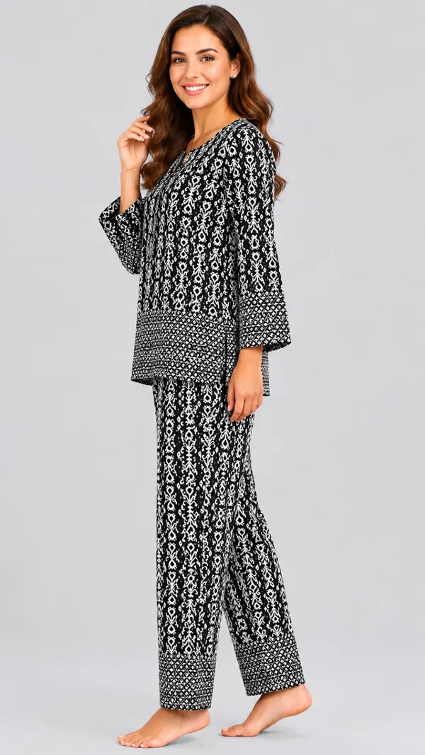 Evolove_Women's_Rayon_Printed_Co-Ord_Set_|_3/4_Sleeve_Top_&_Pyjama_Set_|_Soft_&_Breathable_Lounge_Wear_|_Ethnic_Ikat_Print_Night_Suit_|_Black_&_White_with_Pockets