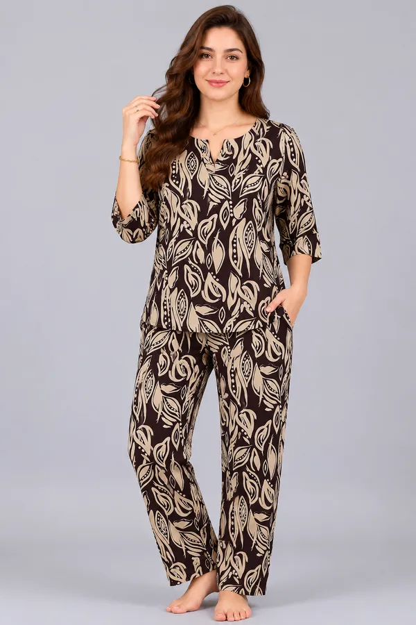 Evolove_Women's_Rayon_Printed_Co-Ord_Set_|_Full_Sleeve_Top_&_Pyjama_Set_|_Soft_&_Breathable_Lounge_Wear_|_Leaf_Print_Night_Suit_|_Brown