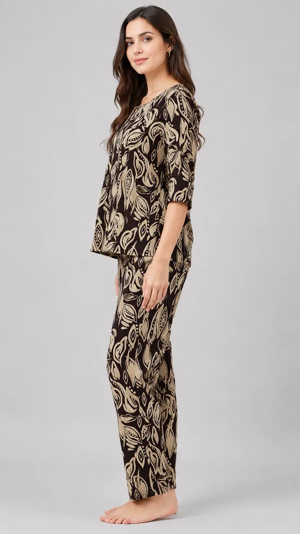 Evolove_Women's_Rayon_Printed_Co-Ord_Set_|_Full_Sleeve_Top_&_Pyjama_Set_|_Soft_&_Breathable_Lounge_Wear_|_Leaf_Print_Night_Suit_|_Brown
