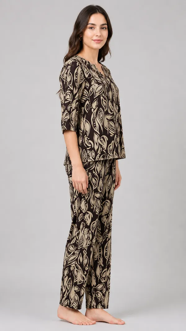 Evolove_Women's_Rayon_Printed_Co-Ord_Set_|_Full_Sleeve_Top_&_Pyjama_Set_|_Soft_&_Breathable_Lounge_Wear_|_Leaf_Print_Night_Suit_|_Brown