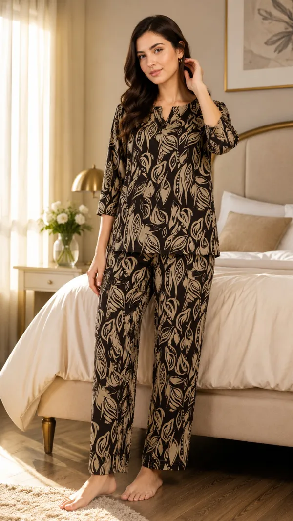 Evolove_Women's_Rayon_Printed_Co-Ord_Set_|_Full_Sleeve_Top_&_Pyjama_Set_|_Soft_&_Breathable_Lounge_Wear_|_Leaf_Print_Night_Suit_|_Brown