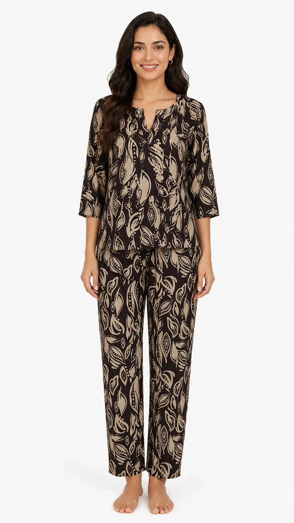 Evolove_Women's_Rayon_Printed_Co-Ord_Set_|_Full_Sleeve_Top_&_Pyjama_Set_|_Soft_&_Breathable_Lounge_Wear_|_Leaf_Print_Night_Suit_|_Brown