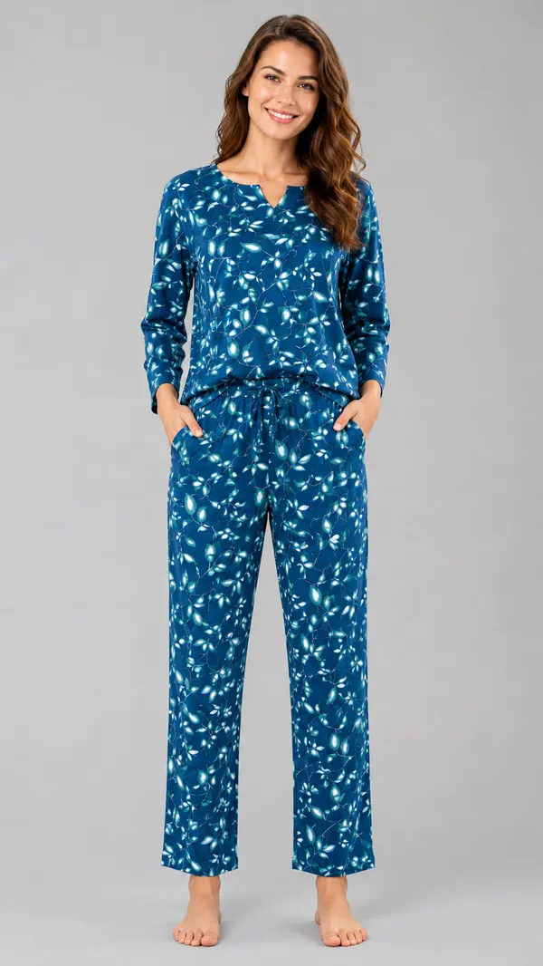 Evolove_Women's_Rayon_Printed_Co-Ord_Set_|_Full_Sleeve_Top_&_Pyjama_Set_|_Soft_&_Breathable_Lounge_Wear_|_Leaf_Print_Night_Suit_|_Navy_Blue