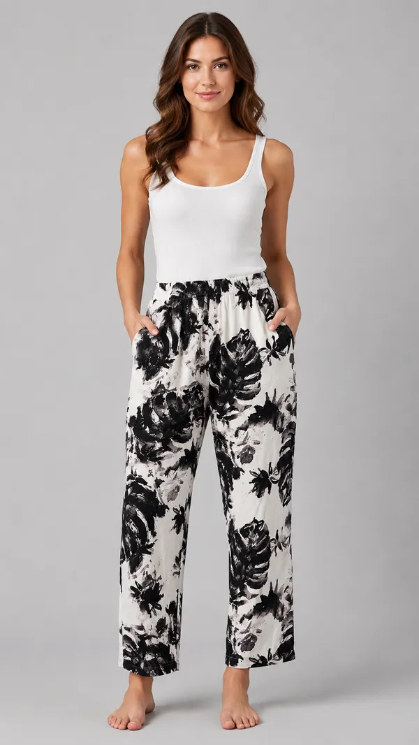 Evolove_Women's_Rayon_Printed_Pyjama_with_Pockets_|_Soft_&_Breathable_Wide_Leg_Lounge_Pants_|_Relaxed_Fit_Elastic_Waist_Nightwear_|_Abstract_Tropical_Floral_Print_Sleep_Wear_|_Off_White_&_Black