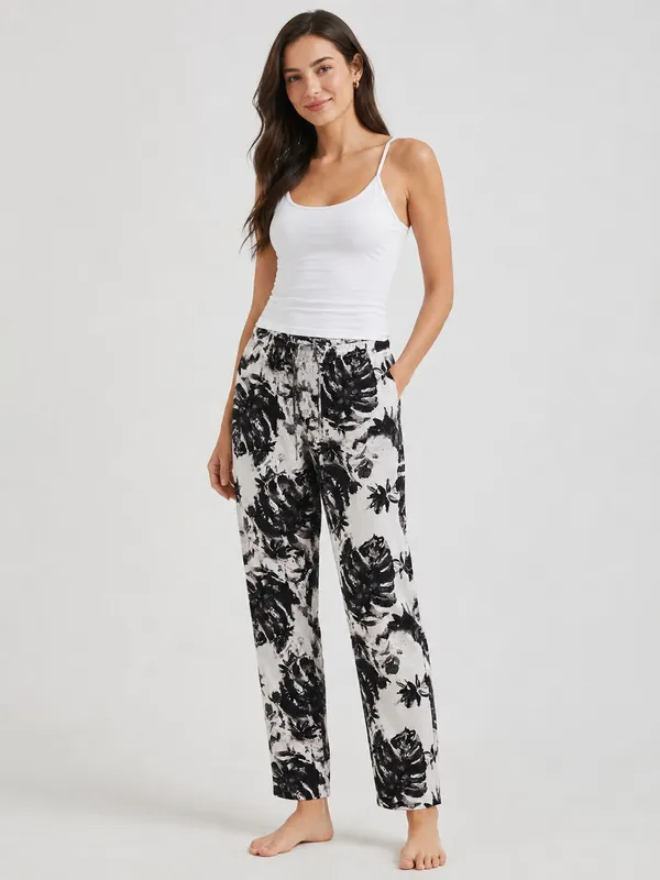 Evolove_Women's_Rayon_Printed_Pyjama_with_Pockets_|_Soft_&_Breathable_Wide_Leg_Lounge_Pants_|_Relaxed_Fit_Elastic_Waist_Nightwear_|_Abstract_Tropical_Floral_Print_Sleep_Wear_|_Off_White_&_Black