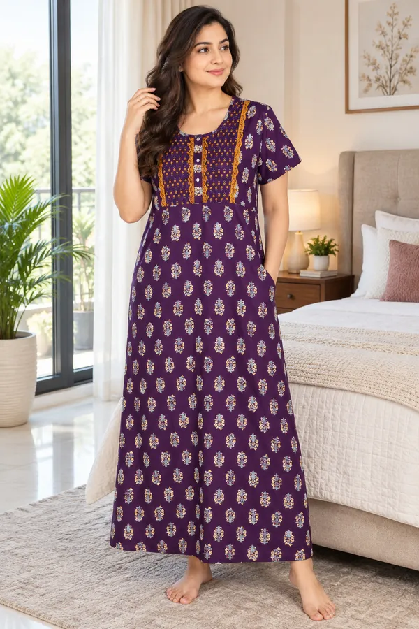 Evolove_X_Baghban_100%_Pure_Cotton_For_Comfort_|_Button_down_style_with_Lace_|_Heritage_Floral_Print_Soft_&_Comfortable_Nightgown_For_Women_|_Cotton_Maxi_Nighty_&_Everyday_Sleepwear