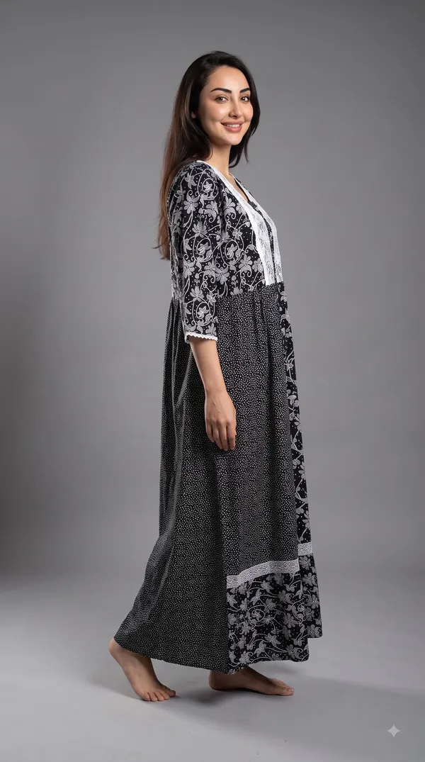Evolove_X_Farasha_Butterfly_Cotton_Maxi_Nightdress_For_Women_|_Flared_Long_Nightgown_With_3/4_Sleeves_|_Soft_&_Comfortable_Cotton_Nightwear
