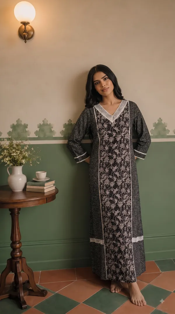 Evolove_X_Farasha_Butterfly_Cotton_Maxi_Nightdress_For_Women_|_Flared_Long_Nightgown_With_3/4_Sleeves_|_Soft_&_Comfortable_Cotton_Nightwear