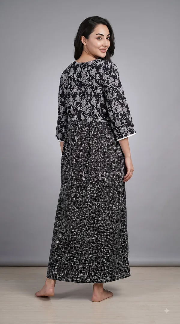 Evolove_X_Farasha_Butterfly_Cotton_Maxi_Nightdress_For_Women_|_Flared_Long_Nightgown_With_3/4_Sleeves_|_Soft_&_Comfortable_Cotton_Nightwear