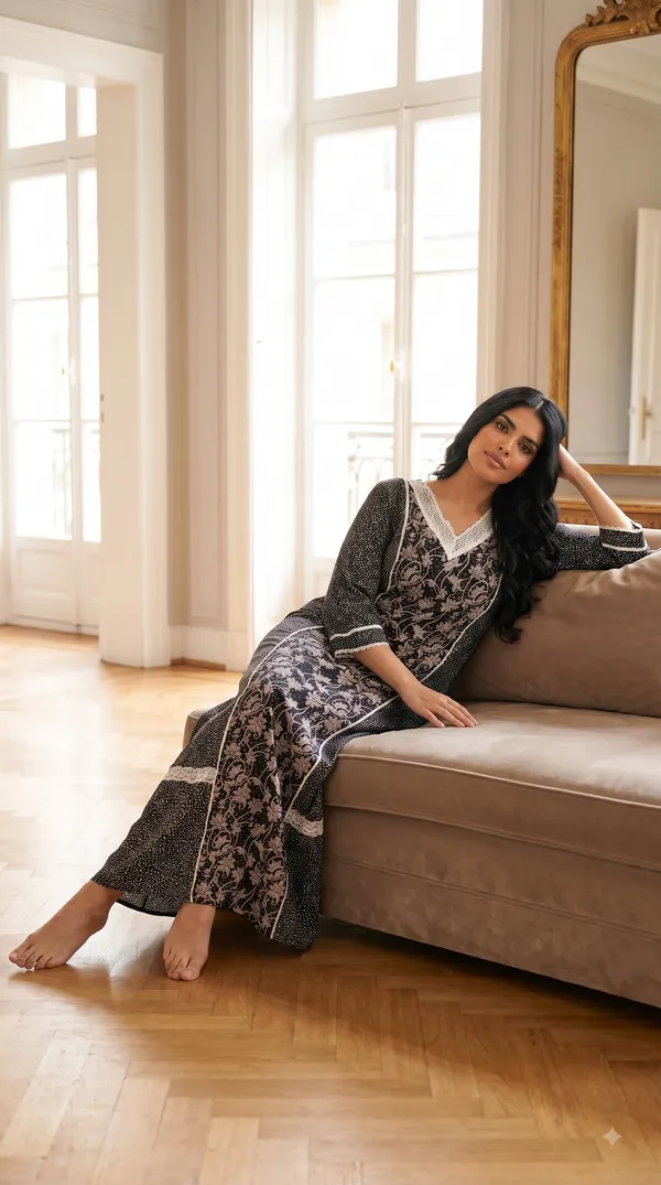 Evolove_X_Farasha_Butterfly_Cotton_Maxi_Nightdress_For_Women_|_Flared_Long_Nightgown_With_3/4_Sleeves_|_Soft_&_Comfortable_Cotton_Nightwear