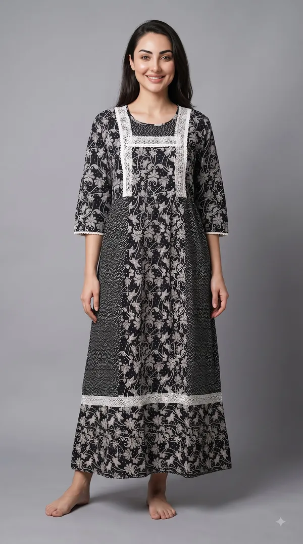 Evolove_X_Farasha_Butterfly_Cotton_Maxi_Nightdress_For_Women_|_Flared_Long_Nightgown_With_3/4_Sleeves_|_Soft_&_Comfortable_Cotton_Nightwear