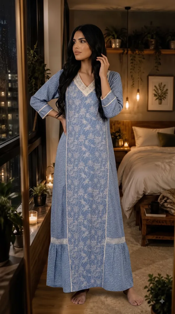 Evolove_X_Farasha_Butterfly_Cotton_Maxi_Nightdress_For_Women_|_Flared_Long_Nightgown_With_3/4_Sleeves_|_Soft_&_Comfortable_Cotton_Nightwear