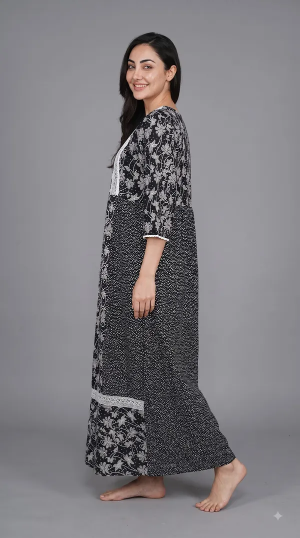 Evolove_X_Farasha_Butterfly_Cotton_Maxi_Nightdress_For_Women_|_Flared_Long_Nightgown_With_3/4_Sleeves_|_Soft_&_Comfortable_Cotton_Nightwear