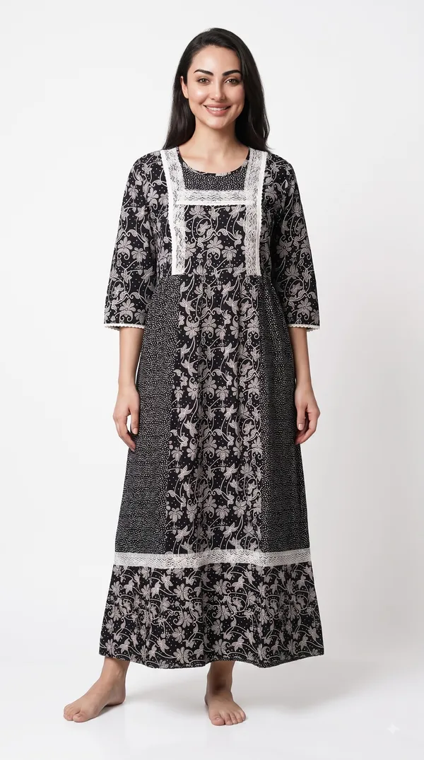 Evolove_X_Farasha_Butterfly_Cotton_Maxi_Nightdress_For_Women_|_Flared_Long_Nightgown_With_3/4_Sleeves_|_Soft_&_Comfortable_Cotton_Nightwear