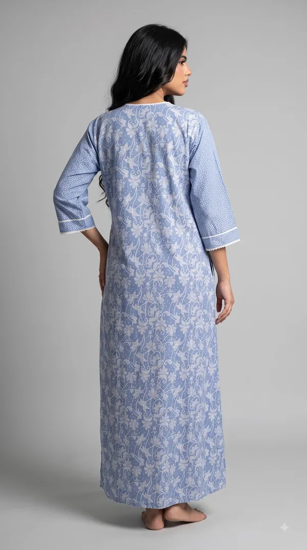 Evolove_X_Farasha_Butterfly_Cotton_Maxi_Nightdress_For_Women_|_Flared_Long_Nightgown_With_3/4_Sleeves_|_Soft_&_Comfortable_Cotton_Nightwear