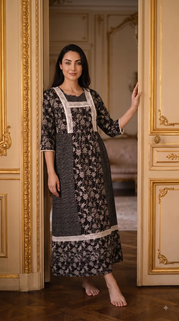 Evolove_X_Farasha_Butterfly_Cotton_Maxi_Nightdress_For_Women_|_Flared_Long_Nightgown_With_3/4_Sleeves_|_Soft_&_Comfortable_Cotton_Nightwear