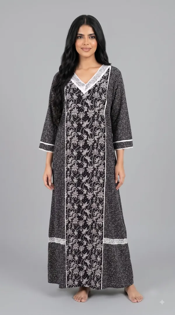 Evolove_X_Farasha_Butterfly_Cotton_Maxi_Nightdress_For_Women_|_Flared_Long_Nightgown_With_3/4_Sleeves_|_Soft_&_Comfortable_Cotton_Nightwear
