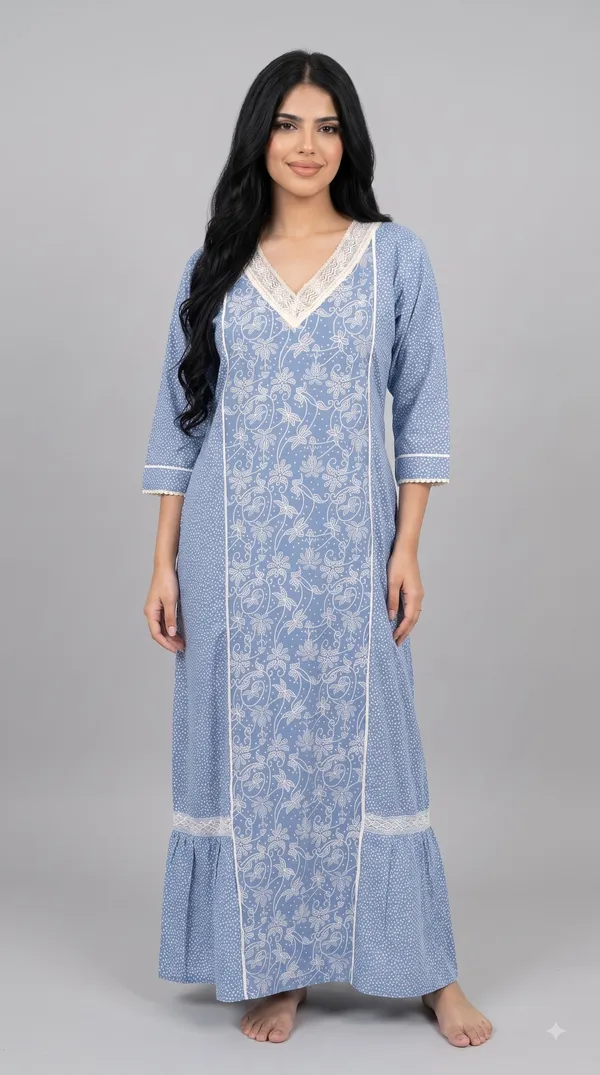 Evolove_X_Farasha_Butterfly_Cotton_Maxi_Nightdress_For_Women_|_Flared_Long_Nightgown_With_3/4_Sleeves_|_Soft_&_Comfortable_Cotton_Nightwear