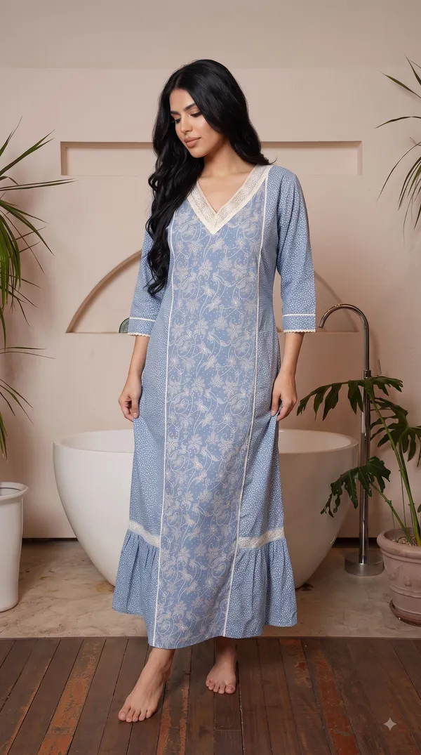 Evolove_X_Farasha_Butterfly_Cotton_Maxi_Nightdress_For_Women_|_Flared_Long_Nightgown_With_3/4_Sleeves_|_Soft_&_Comfortable_Cotton_Nightwear
