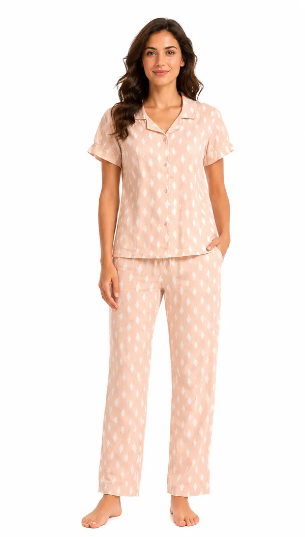 Evolove_X_Venus_Women's_Double_Cotton_Notch_Collar_Short_Sleeve_Pajama_Set_|_Ultra_Soft_Breathable_Daily_Loungewear_|_Diamond_Print_Night_Suit_|_Soft_Breathable_Sleepwear_for_Women