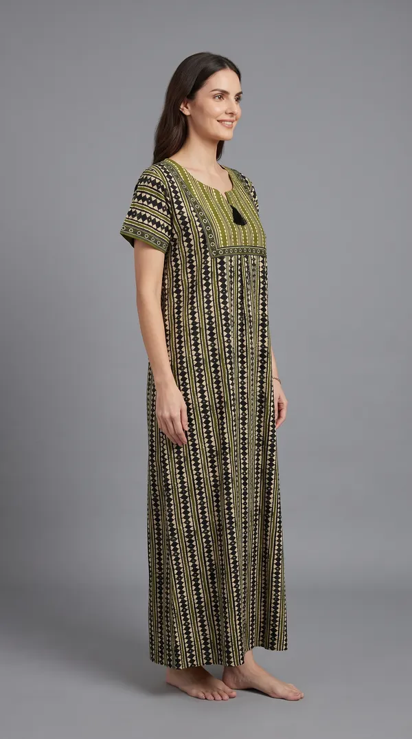 Evolove_Women's_Olive_Green_Cotton_Printed_Nighty_|_Soft_Breathable_Full_Length_Night_Gown_with_Contrast_Bib_Yoke_&_Tassel_|_Daily_Wear_Loungewear
