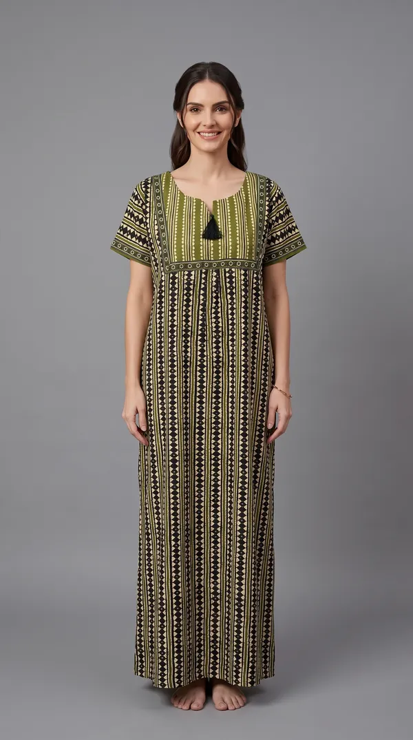 Evolove_Women's_Olive_Green_Cotton_Printed_Nighty_|_Soft_Breathable_Full_Length_Night_Gown_with_Contrast_Bib_Yoke_&_Tassel_|_Daily_Wear_Loungewear