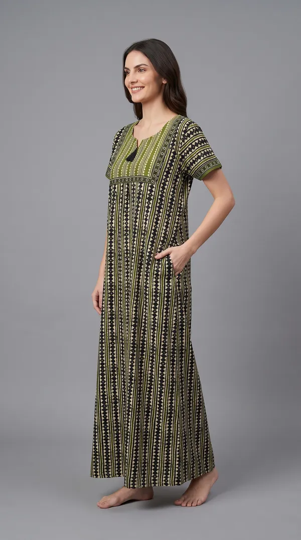 Evolove_Women's_Olive_Green_Cotton_Printed_Nighty_|_Soft_Breathable_Full_Length_Night_Gown_with_Contrast_Bib_Yoke_&_Tassel_|_Daily_Wear_Loungewear