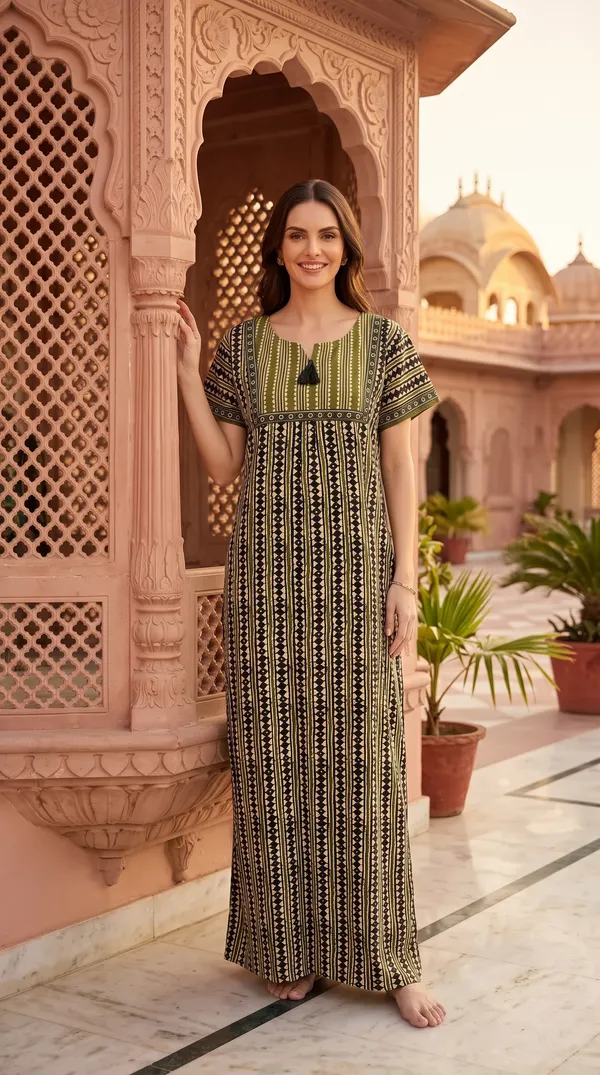 Evolove_Women's_Olive_Green_Cotton_Printed_Nighty_|_Soft_Breathable_Full_Length_Night_Gown_with_Contrast_Bib_Yoke_&_Tassel_|_Daily_Wear_Loungewear