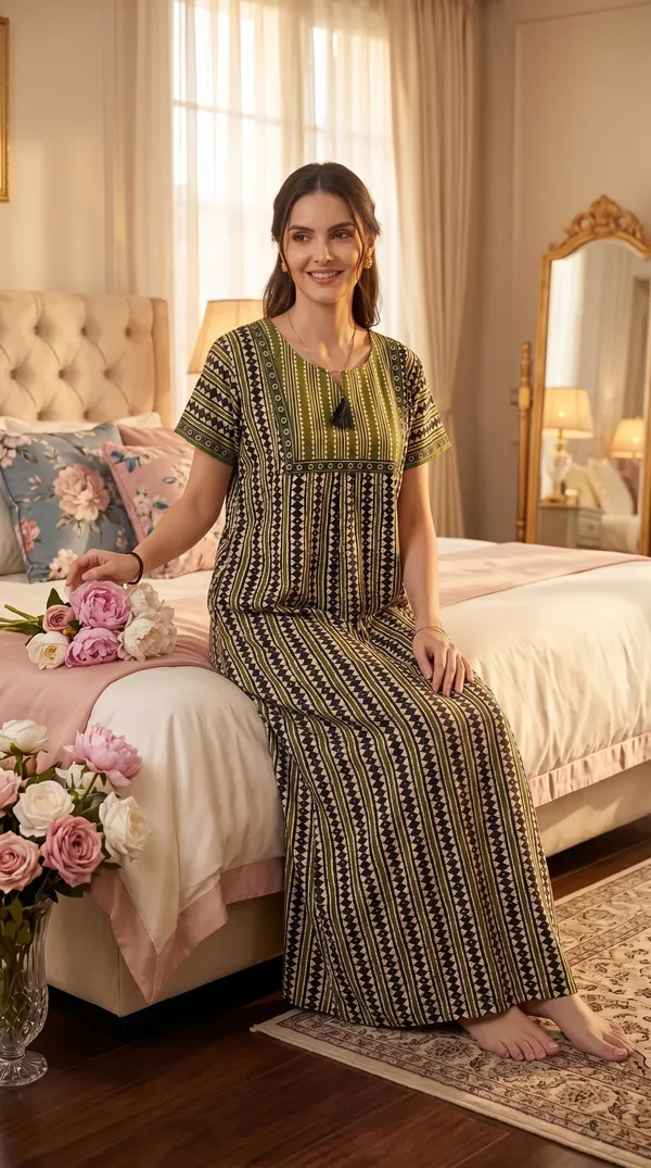 Evolove_Women's_Olive_Green_Cotton_Printed_Nighty_|_Soft_Breathable_Full_Length_Night_Gown_with_Contrast_Bib_Yoke_&_Tassel_|_Daily_Wear_Loungewear