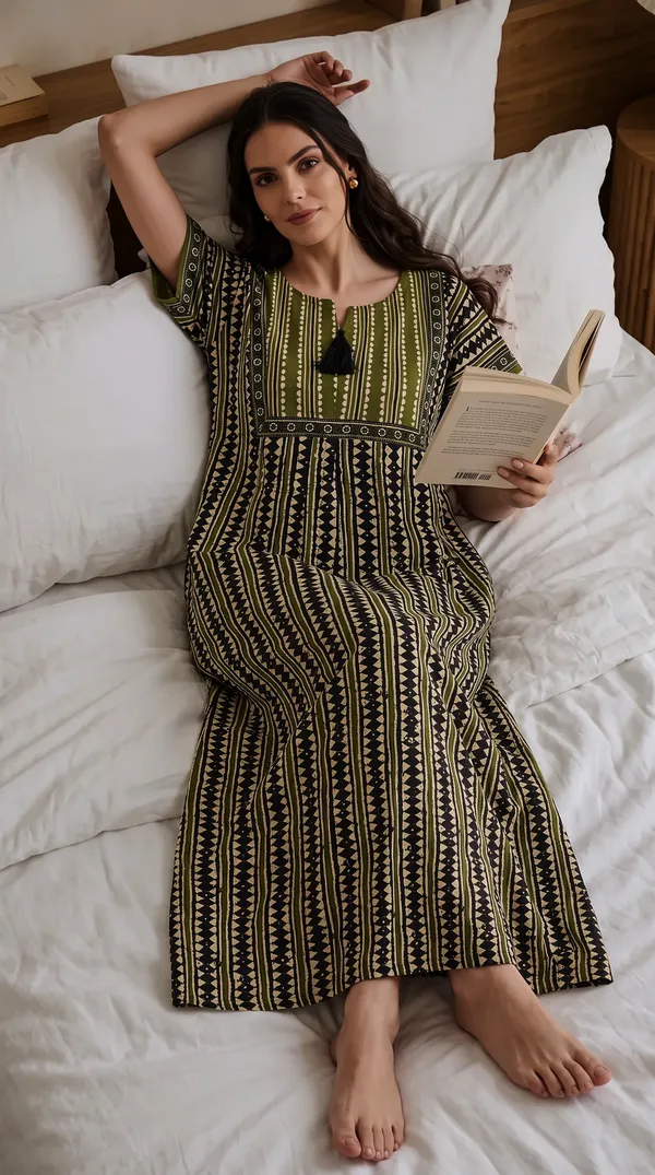 Evolove_Women's_Olive_Green_Cotton_Printed_Nighty_|_Soft_Breathable_Full_Length_Night_Gown_with_Contrast_Bib_Yoke_&_Tassel_|_Daily_Wear_Loungewear