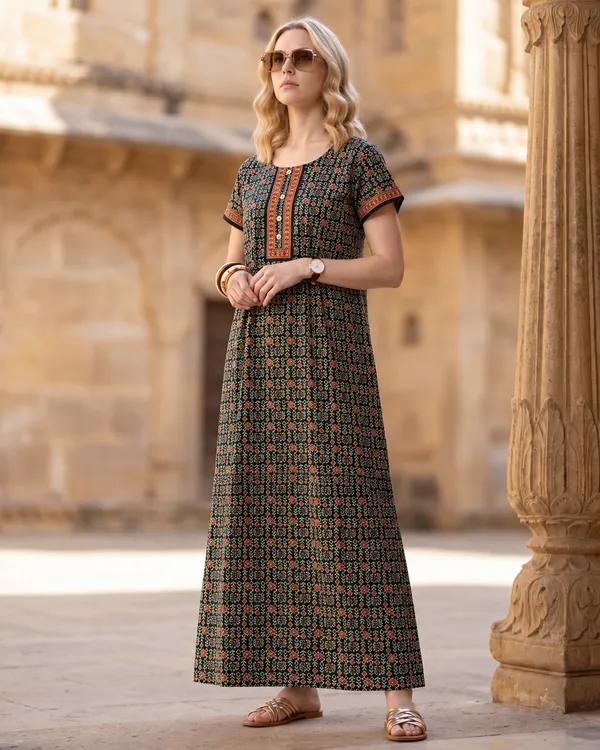 Evolove_Light_Teal_Women's_Cotton_Button_Placket_Long_Nighty_|_Soft_Breathable_Printed_Full_Length_Night_Gown_with_Contrast_Yoke_|_Comfortable_Sleepwear_&_Home_Wear_|_Button_Down_Style_|_Natural_Coconut_Buttons
