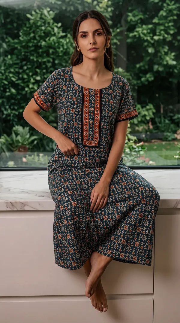 Evolove_Light_Teal_Women's_Cotton_Button_Placket_Long_Nighty_|_Soft_Breathable_Printed_Full_Length_Night_Gown_with_Contrast_Yoke_|_Comfortable_Sleepwear_&_Home_Wear_|_Button_Down_Style_|_Natural_Coconut_Buttons