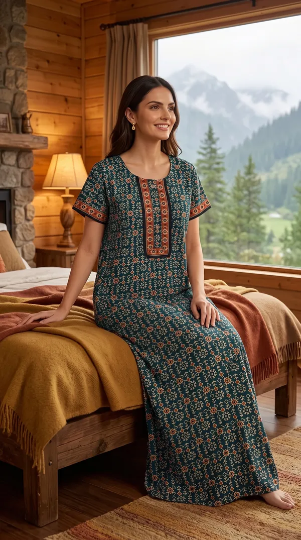 Evolove_Light_Teal_Women's_Cotton_Button_Placket_Long_Nighty_|_Soft_Breathable_Printed_Full_Length_Night_Gown_with_Contrast_Yoke_|_Comfortable_Sleepwear_&_Home_Wear_|_Button_Down_Style_|_Natural_Coconut_Buttons