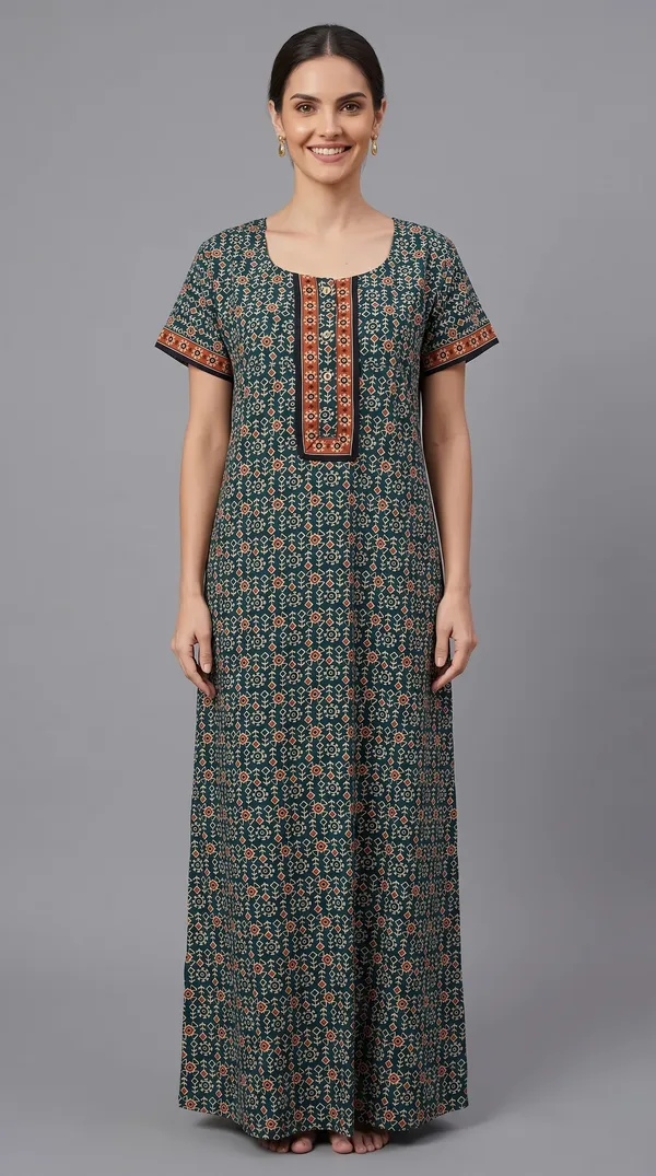 Evolove_Light_Teal_Women's_Cotton_Button_Placket_Long_Nighty_|_Soft_Breathable_Printed_Full_Length_Night_Gown_with_Contrast_Yoke_|_Comfortable_Sleepwear_&_Home_Wear_|_Button_Down_Style_|_Natural_Coconut_Buttons