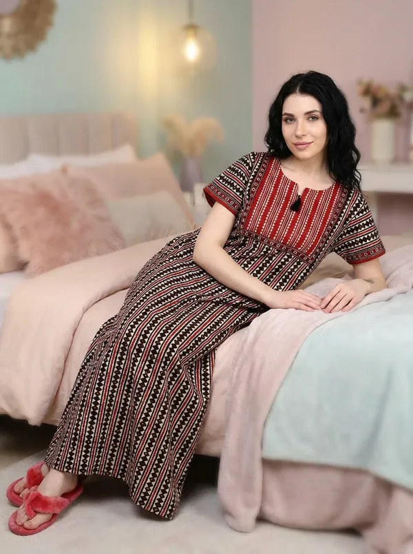 Evolove_Women's_Dark_Red_Cotton_Printed_Nighty_|_Soft_Breathable_Full_Length_Night_Gown_with_Contrast_Bib_Yoke_&_Tassel_|_Daily_Wear_Loungewear