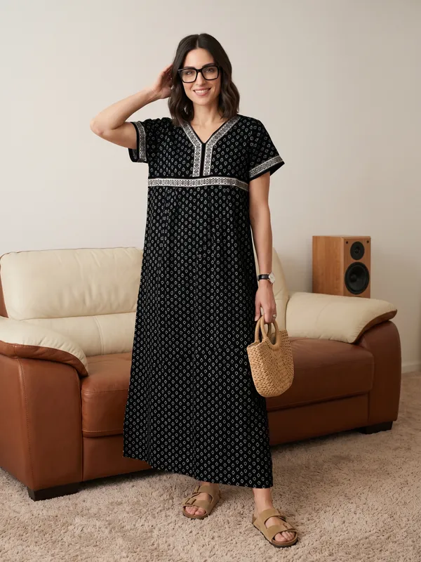 Black_Cotton_Maxi_Nighty_|_Round_Neck_Printed_Short_Sleeves_Full_Length_Night_Gown