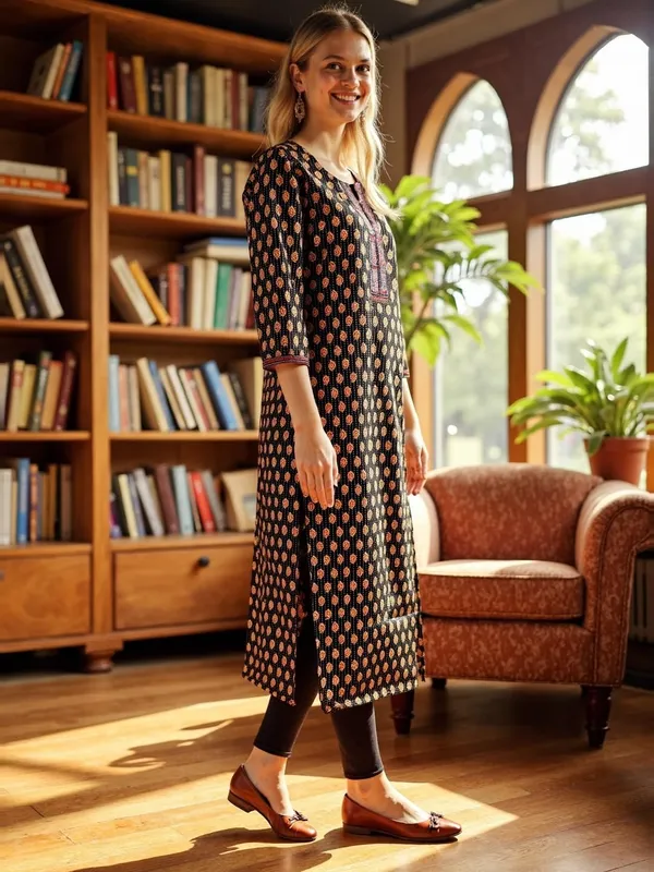 Evolove_Cotton_Printed_Kurti_for_Women_|_3/4_Sleeves_Ethnic_Straight_Kurta_with_Contrast_Round_Neck_Design_|_Soft_and_Comfortable