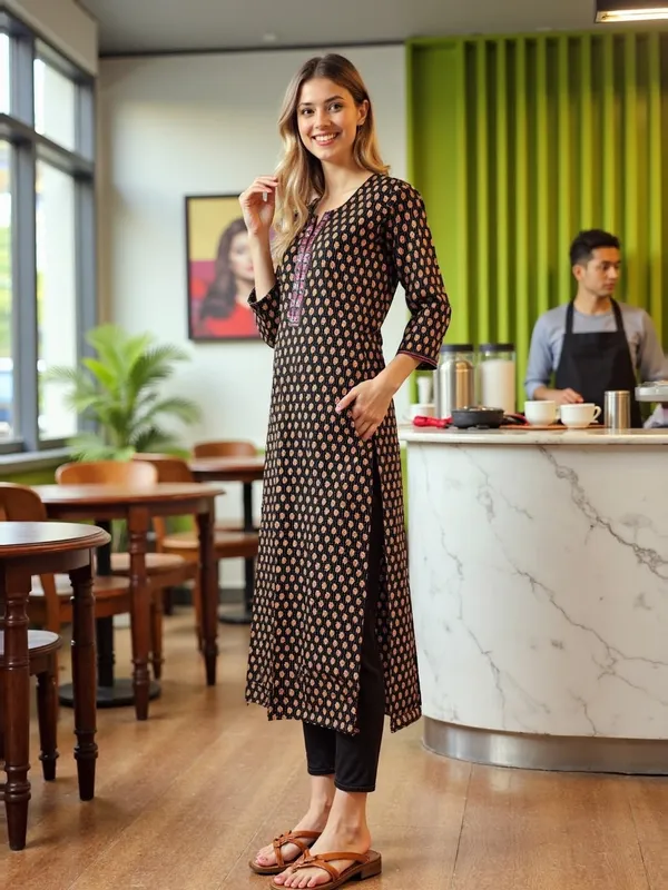 Evolove_Cotton_Printed_Kurti_for_Women_|_3/4_Sleeves_Ethnic_Straight_Kurta_with_Contrast_Round_Neck_Design_|_Soft_and_Comfortable