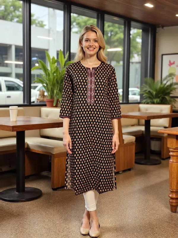 Evolove_Cotton_Printed_Kurti_for_Women_|_3/4_Sleeves_Ethnic_Straight_Kurta_with_Contrast_Round_Neck_Design_|_Soft_and_Comfortable