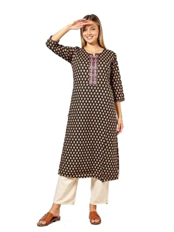 Evolove_Cotton_Printed_Kurti_for_Women_|_3/4_Sleeves_Ethnic_Straight_Kurta_with_Contrast_Round_Neck_Design_|_Soft_and_Comfortable